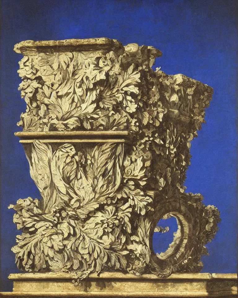 Image similar to achingly beautiful painting of intricate ancient roman corinthian capital on brilliant sapphire background by rene magritte, monet, and turner. giovanni battista piranesi.