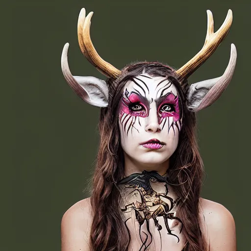 Prompt: tiefling druid with deer antlers growing out of their head and large tribal jewelry and face paint