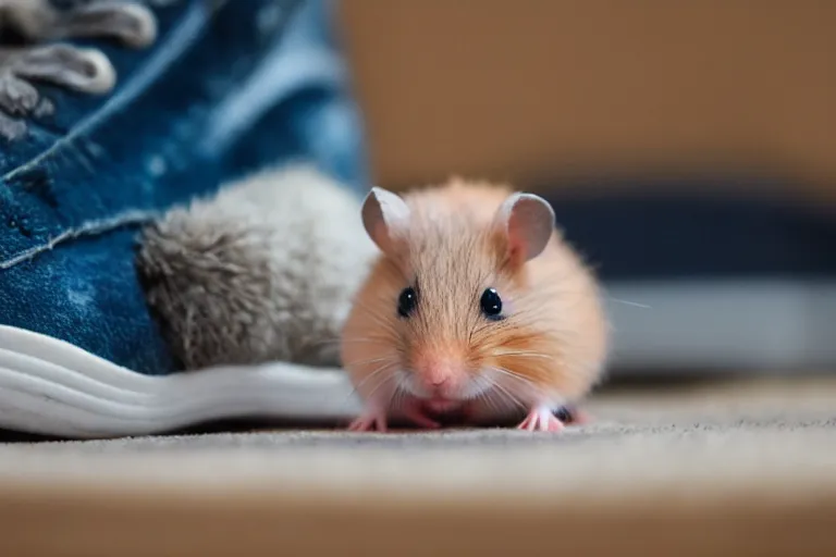 Prompt: a cute baby hamster in a shoe