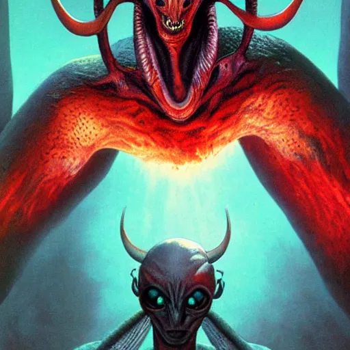 Image similar to realistic alien with horns. red eyes, human eyes, background flames, by wayne barlowe