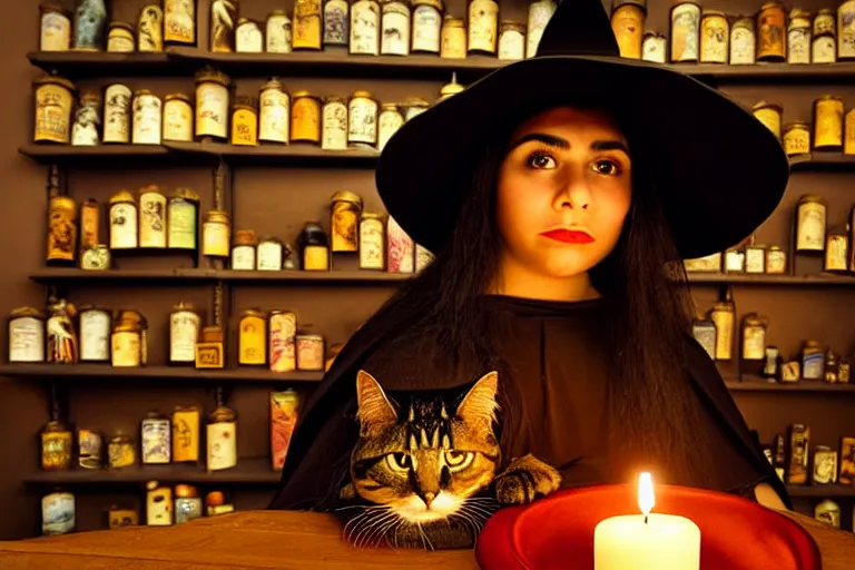 Image similar to 2 0 0 0's photo, close up portrait, dramatic lighting, concentration, calm confident hispanic teen witch and her cat, on candle and tarot cards displayed on the table in front of her, a witch hat and cape, apothecary shelves in the background, still from harry potter, alphonse mucha