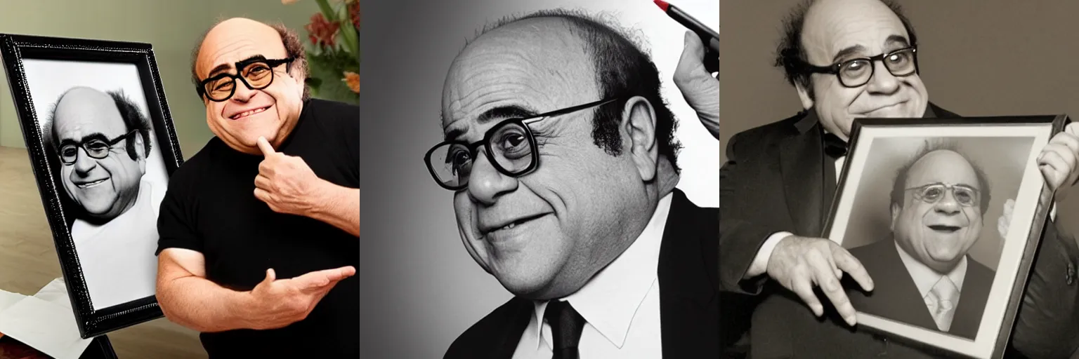 Prompt: <photograph>Man skips work again to draw more pictures of Danny DeVito</photograph>