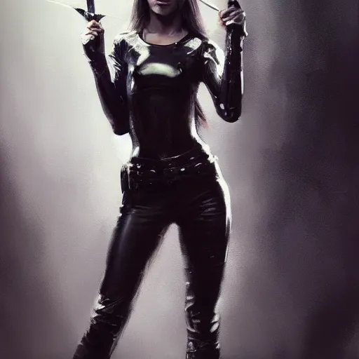 Prompt: painting of a female wearing skintight leather jacket holding a sword, by jeremy mann, fantasy art, dynamic lighting, artstation, poster, volumetric lighting, 4 k, award winning