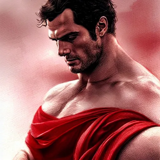 Prompt: Henry Cavill is a Greek god, gorgeous, amazing, muscular, red silk, intricate, elegant highly detailed, digital painting, artstation, concept art, sharp focus, illustration, by greg rutkowski