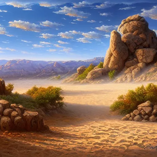 Image similar to a beautiful sand and ash landscape with rocks jutting out of the ground and a deep blue sky. dust clouds. by Peter Mohrbach and Mark Keathley, highly detailed concept art