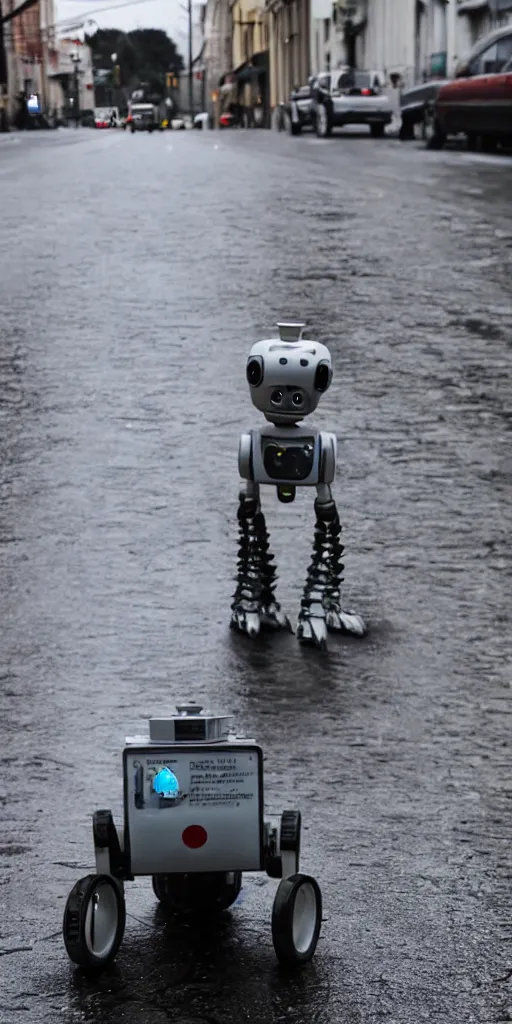 Image similar to robot on the road, city, photo, rain,