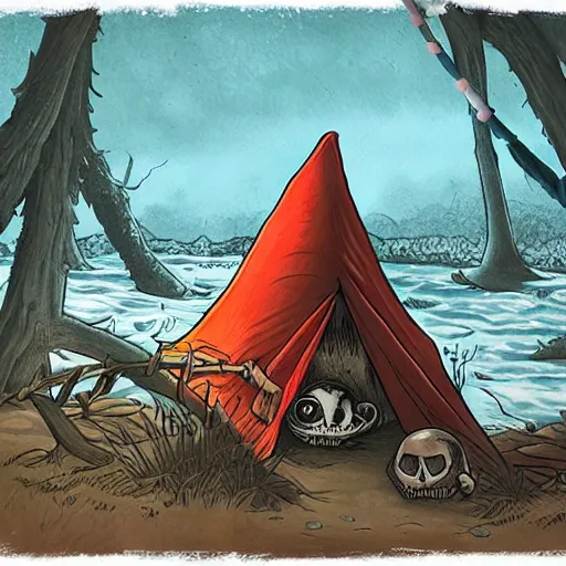 Image similar to a tent by the river in the deep, remote woods by tim doyle and chris leib, from nightmare before christmas | detailed | elegant | trending on artstation