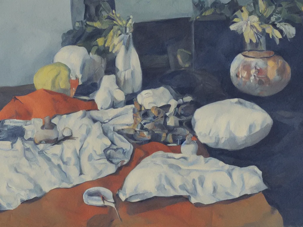 Prompt: still life with a zafu meditation pillow. Painting by Matthias Weischer