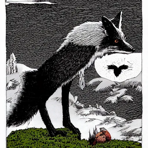 Prompt: Psycho Fox with a black bird on a moss platform by Richard Corben, highly detailed