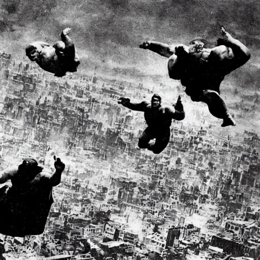 Image similar to “Close-up of very old and bald and fat Superman flying over destroyed city. Newspaper photo.”