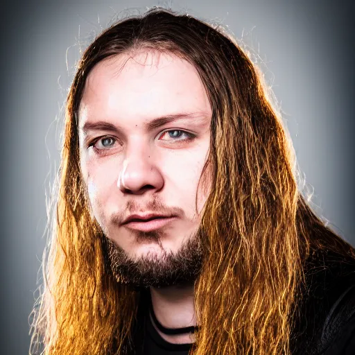 Prompt: a portrait photograph of a lead singer of german metal band, 2 4 year - old. portrait canon 8 5 mm f 1. 2 photograph head and shoulders portrait