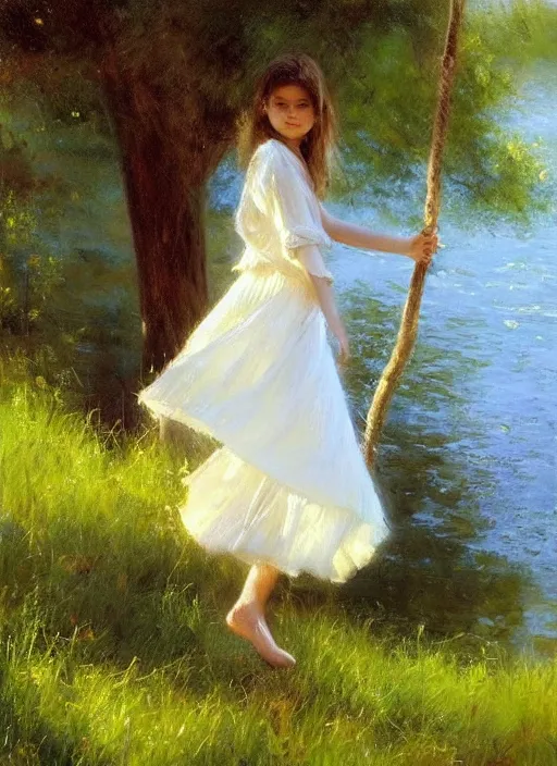 Image similar to There is a tree by the river, a girl wearing a white skirt swinging under the tree, by Vicente Romero Redondo