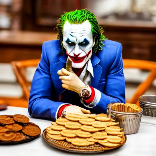 Prompt: cinematic shot of the joker sitting at a table in front of a plate of baking powder biscuits, 8 k, very detailed, very intricate,