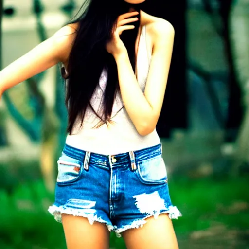 Image similar to she, amazing, snapshot of, face, eyes, hair, neck of beautiful, fashionable, elegant, conservative, young, uzbek, fashion model and student, slender, tank top, denim shorts. image quite stunningly complex. nikon fm 2 film blow - up