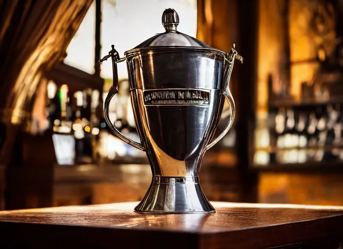 Image similar to a reflective steel engineering trophy at a high end bar in a medieval themed castle in golden afternoon light, professional food photography