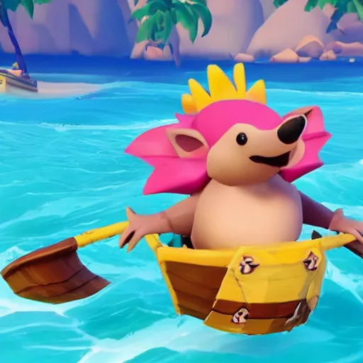 Image similar to hedgehog in a bikini in sea of thieves, hedgehog wearing a bikini, cute, colourful, happy, adorable, funny