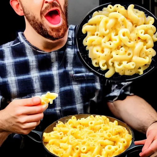 Prompt: a stream of mac n' cheese flowing out of a man's mouth into a huge bowl. His eyes are red from crying. photograph.