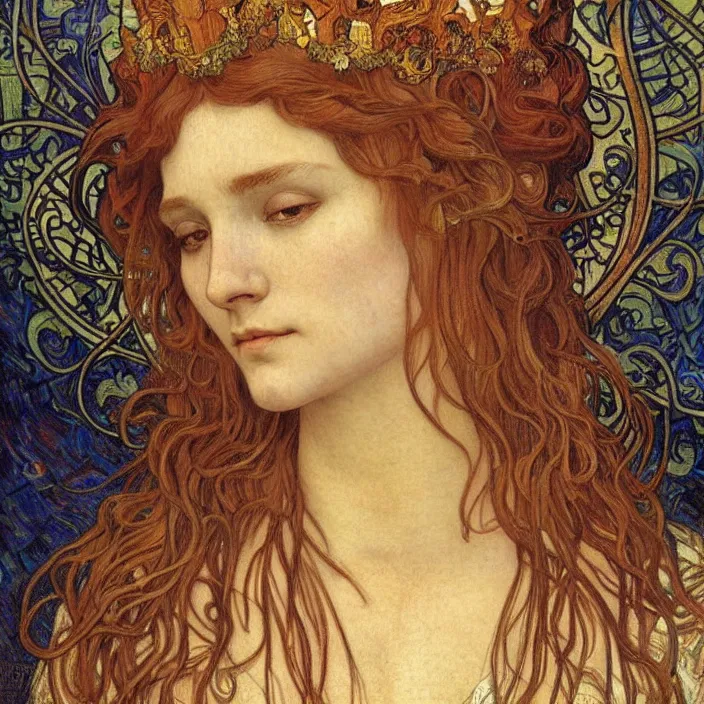 Image similar to detailed realistic beautiful young medieval queen face portrait by jean delville, alphonse mucha, vincent van gogh, and marco mazzoni, art nouveau, symbolist, visionary, gothic, pre - raphaelite