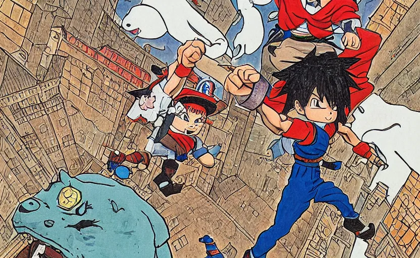 Image similar to a boy fighting a wolf on the edge of a clocktower, by akira toriyama gouache, print