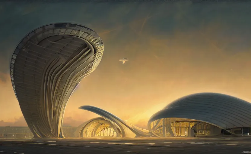 Image similar to exterior shot of utopian architecture airport with cinematic lighting by zaha hadid and renzo piano, darek zabrocki and greg ruthkowski, alphonse mucha, simon stalenhag, cinematic, holy place, paradise, scifi, futurism, atmospheric, sunset, concept art, artstation, trending on artstation