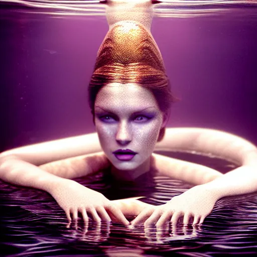 Image similar to photographic portrait of a stunningly beautiful siren renaissance female, underwater in neptunes palace, caustics, in soft dreamy light, contemporary fashion shoot, by edward robert hughes, annie leibovitz and steve mccurry, david lazar, jimmy nelsson, extremely detailed, breathtaking, hyperrealistic, perfect face, octane render