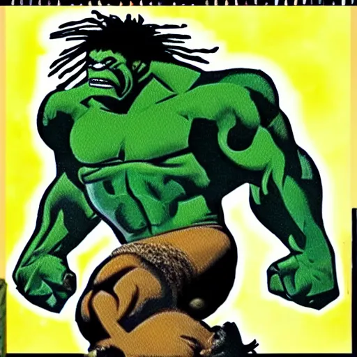 Image similar to black hulk with dreadlocks, cartoon drawing, meme