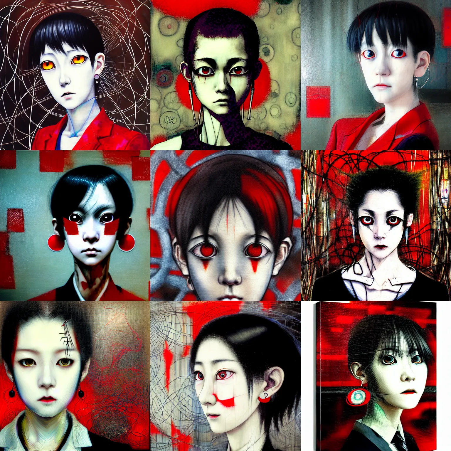 Image similar to yoshitaka amano blurred and dreamy realistic three quarter angle portrait of a sinister young woman with short hair, big earrings, barbed wire and red eyes wearing office suit with tie, junji ito abstract patterns in the background, satoshi kon anime, noisy film grain effect, highly detailed, renaissance oil painting, weird portrait angle, blurred lost edges