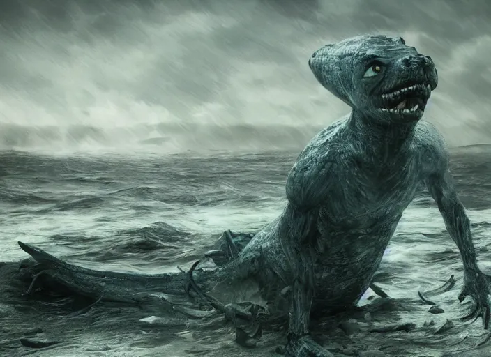 Image similar to a stunning cinematic extreme wide shot of an adorable fearful slick sleek smooth humanoid sea monster wearing clothes made of seaweed on a dark stormy beach, well designed perfect with huge luminous sad eyes, sharp claws, cgsociety, hd octane render, fantasy, furry art, artstation, deviantart, furaffinity, very very clean