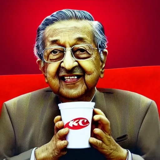 Image similar to Tun Mahathir mohammad eating a bucket of KFC , photorealistic 8k