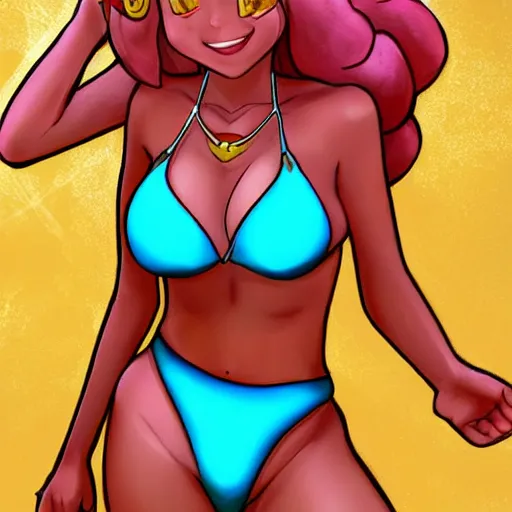Image similar to beautiful princess peach in a bikini on the beach drawn by artgerm