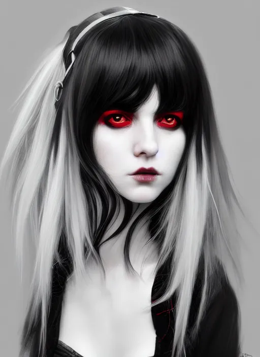 Image similar to portrait of white teenage girl, normal face, black bangs, mall goth, cyberlox, black and white hair, bangs, fluffy bangs, red contacts, intricate, elegant, highly detailed, digital painting, artstation, concept art, sharp focus, smooth, illustration, art by wlop, mars ravelo and greg rutkowski