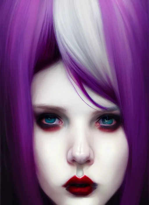 Image similar to portrait of white teenage girl, normal face, white bangs, mall goth, cyberlox, black and white hair, bangs, fluffy bangs, red contact lenses, purple lipstick, intricate, elegant, highly detailed, digital painting, artstation, concept art, sharp focus, smooth, illustration, art by wlop, mars ravelo and greg rutkowski