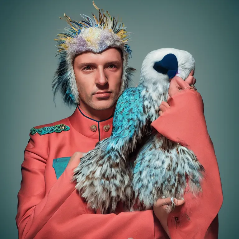 Image similar to high fashion photoshoot octane render portrait by wayne barlow and carlo crivelli and glenn fabry, an actor wearing a colorful wes anderson designed uniform and holding a snow owl inside a high - end exotic colorful pastel vintage boutique hotel lounge, very short depth of field, bokeh