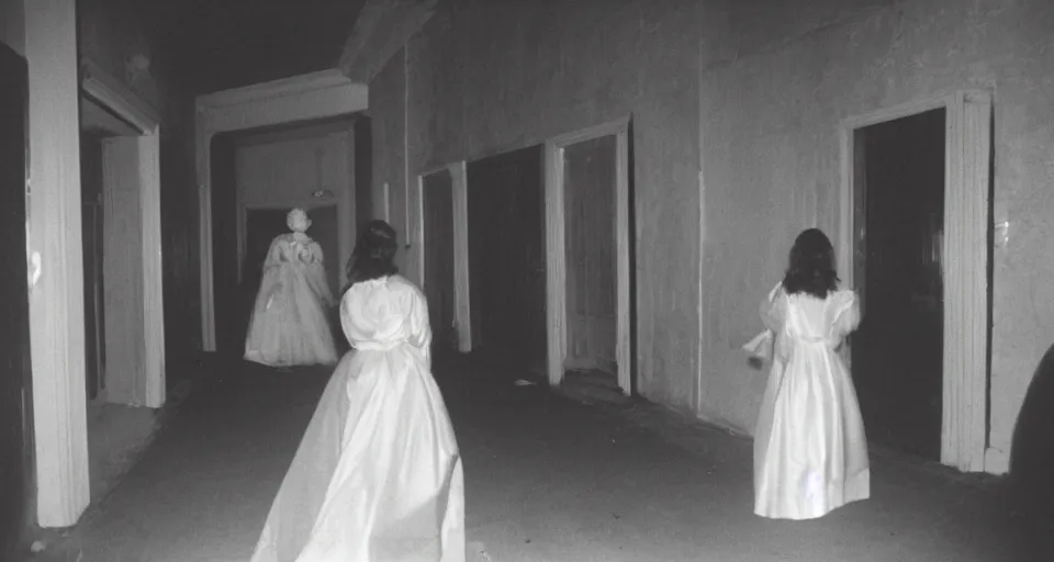 Image similar to A beautiful woman in white is walking dark hallway in old mansion at midnight , view from front, Halloween color film.