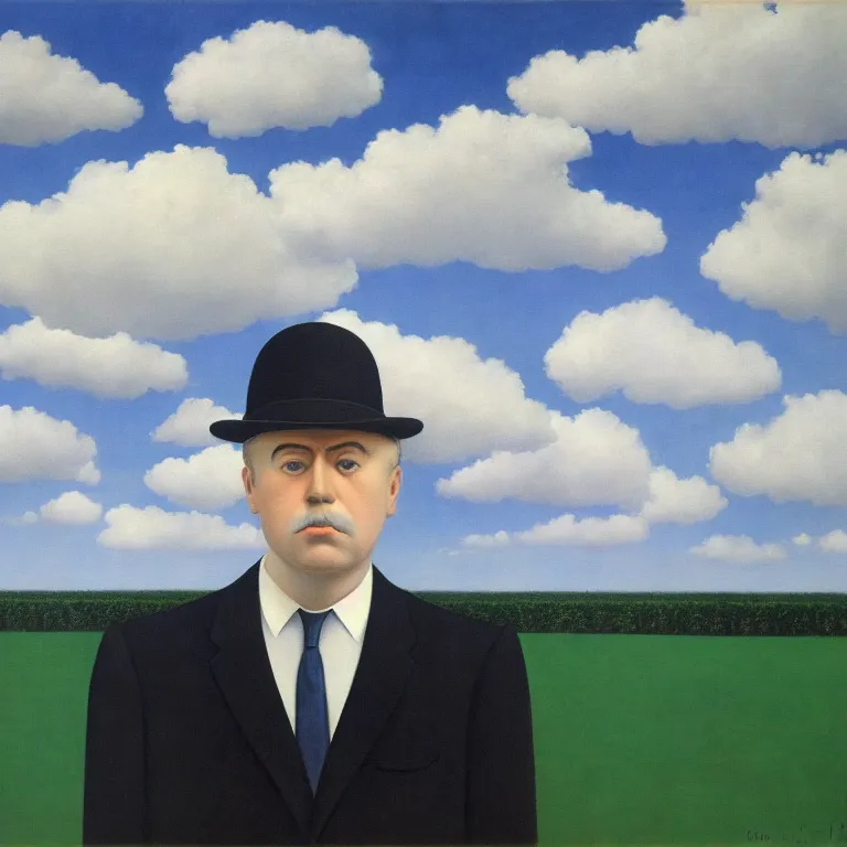 Prompt: portrait of a ghost in a suit, clouds in the background, by rene magritte, detailed painting, distance, middle centered, hd, hq, high resolution, high detail, 4 k, 8 k