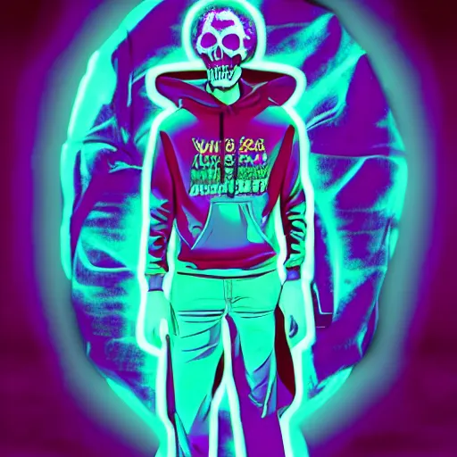 Image similar to rick astley skeletor in hoodie, portrait, vaporwave, synthwave, neon, vector graphics, cinematic, volumetric lighting, f 8 aperture, cinematic eastman 5 3 8 4 film