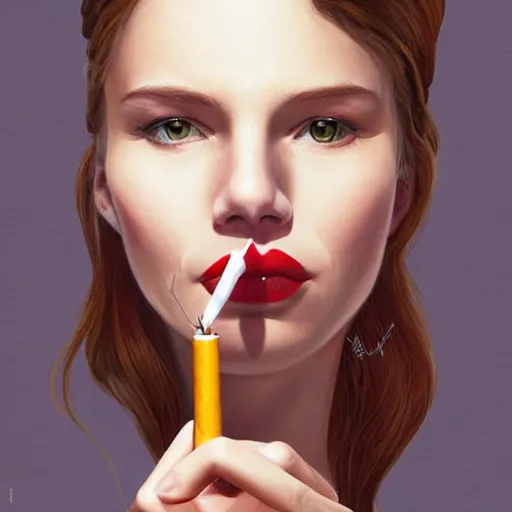 Image similar to portrait of a beautiful woman lighting a cigarette with a match, pixar cute, highly detailed, sharp focus, digital painting, art by martine johanna + joe jusko