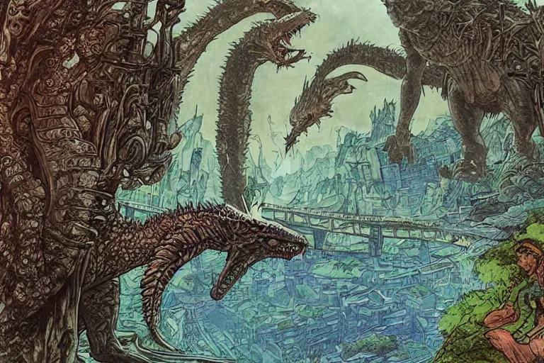 Image similar to calvin and hobbes fighting godzilla on ancient mystical bridge, the ancient gods glitchcore landscape, Precise and Intricate Linework, Art Nouveau Cosmic 4k Detailed Matte Illustration trending on Flickr ,CGSociety, eldritch color, Pastiche by Albrecht Dürer, Pastiche by Don Maitz