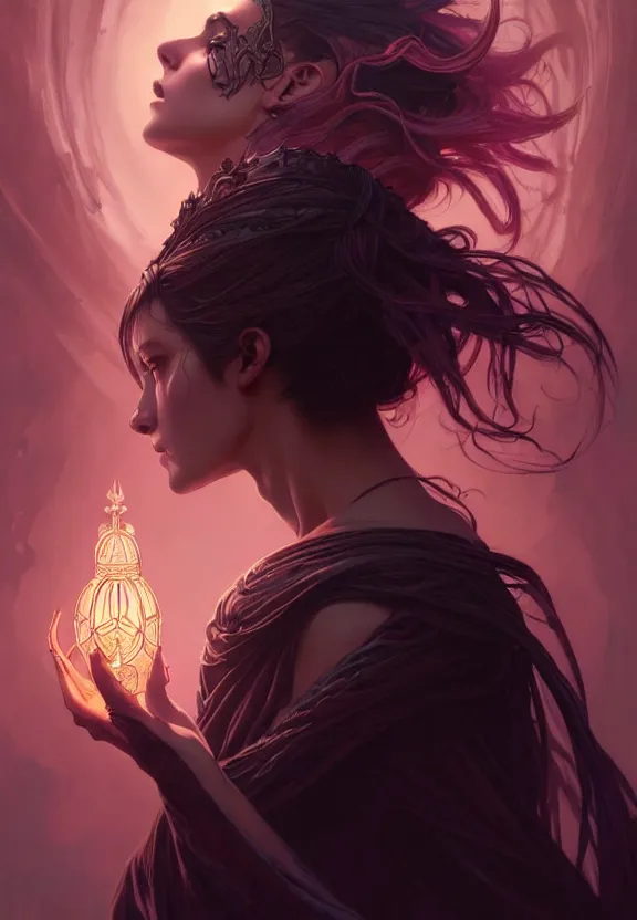 Image similar to Necromancer Sorceress in center, fantasy magic, undercut hairstyle, dark light night, intricate, elegant, sharp focus, illustration, highly detailed, digital painting, concept art, matte, art by WLOP and Artgerm and Greg Rutkowski and Alphonse Mucha, masterpiece