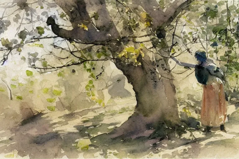 Prompt: abstract watercolor painting of first spring day, early leaves, silverware and glass, cinematic light, national romanticism by anders zorn