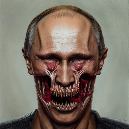 Image similar to a portrait of vladimir putin, flesh eating worms, macabre, horror rotten teeth, by donato giancola and greg rutkowski, wayne barlow, realistic face, visible face, digital art, artstation, symmetry