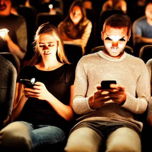 Image similar to people in a very dark movie theatre playing on their cellphones, faces illuminated by cellphone light