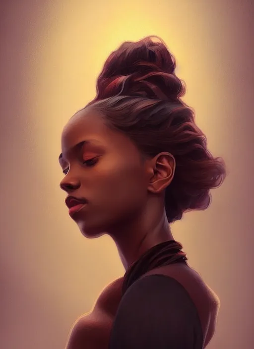 Image similar to beautiful young black women with shoulder length brown hair, half body shot, path traced, highly detailed, high quality, digital painting, alena aenami, lilia alvarado, shinji aramaki, karol bak, alphonse mucha, tom bagshaw