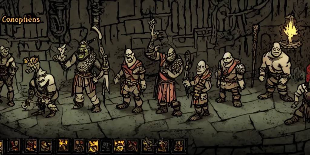 Prompt: shrek, donkey, aynami rei and kratos as characters in darkest dungeon, screenshot from the game, highly detailed, dark atmosphere