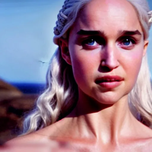Image similar to a selfie of daenerys targaryen played by a young natalie portman with smooth skin and light violet eyes, ethereal, mystic, medium shot, detailed eyes, vivid, golden hour