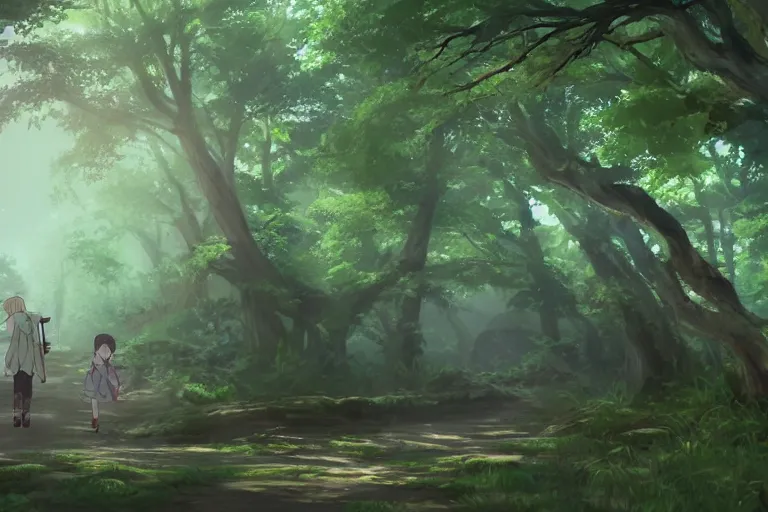 Image similar to forest path, beautiful ancient trees, hiding large treasure chest, serene evening atmosphere, soft lens, soft light, cel - shading, animation, in the style of cgsociety, deviantart, artstation, zbrush, cinema 4 d, studio ghibli, akihiko yoshida, atelier lulua, masamune shirow