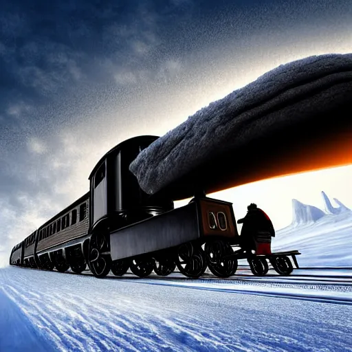 Image similar to a futuristic black steam train and a giant mammoth, post - apocalyptic ice landscape with heavy snow, digital art