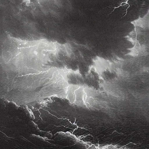 Prompt: drawing close up of large pepe the frog fighting lightning storm above a stormy ocean, by gustave dore, nineteenth century, black and white, vintage, science fiction, epic composition, dramatic lighting, highly detailed.