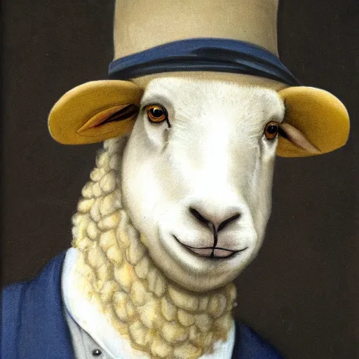 Prompt: a portrait of a male sheep by andrews, esao, a gentleman, wearing a suit, a glasses, a hat