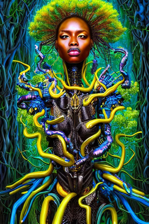 Image similar to hyperrealistic maximalist super expressive! black woman with exoskeleton armor, merging with tree in a forest, highly detailed digital painting masterpiece smooth cam de leon hannah yata dramatic pearlescent blue yellow light ground angle hd 8k sharp focus